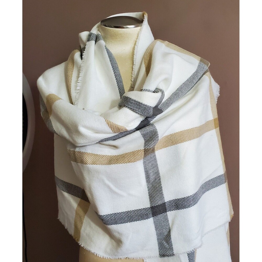 Primark Shawl Wrap Scarf Cream Beige Gray Plaid Reverse Self Fringe 28x70" NEW